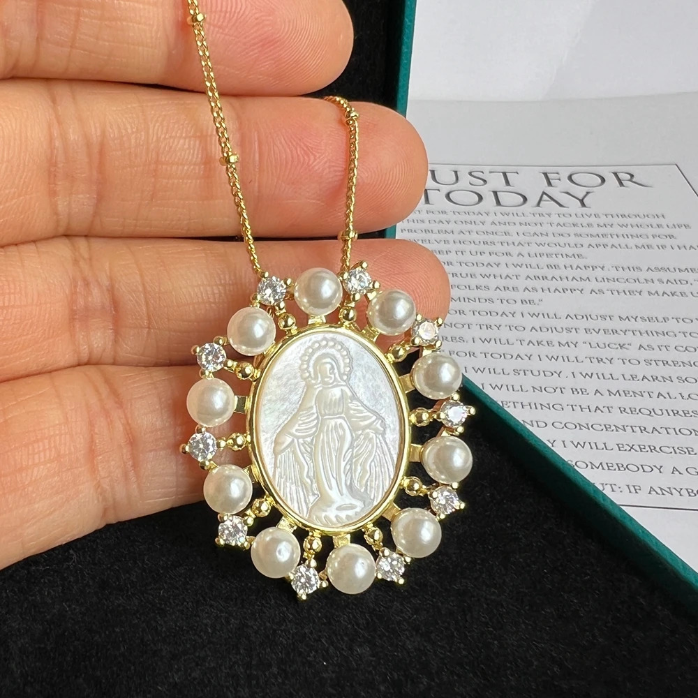 Natural Mother Pearl Shell Virgin Mary Guadalupe Charms Necklace Religious Medals San Benito Pendant Jewelry for Women Gift 250711