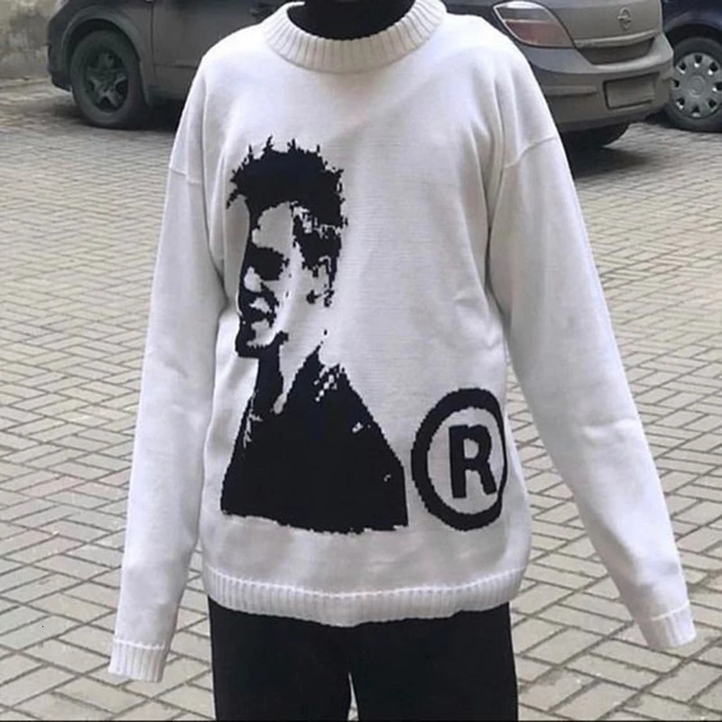 Mens sweaters Fashion Y2K Knitted Warm Loose Casual Portrait Print Long Sleeve Pullover Hip Hop Knitted Graphic Sweater 250714