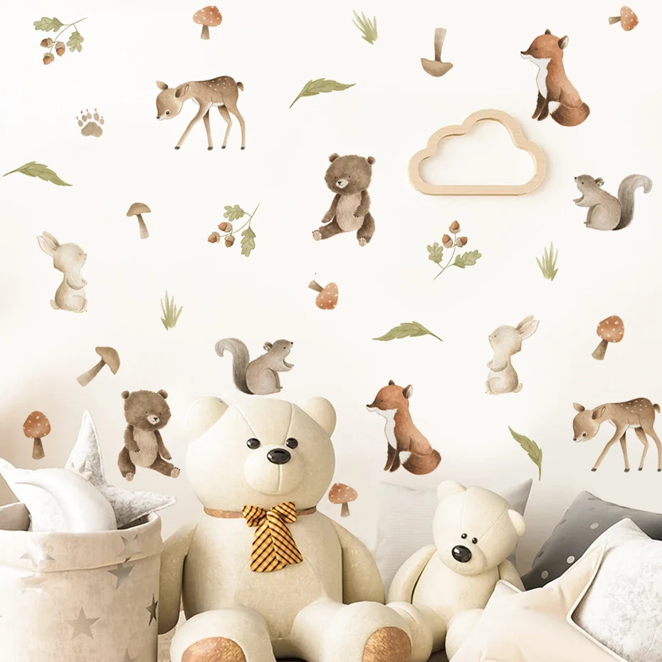 Watercolor Woodland Animals Bear Deer Leaf Wall Stickers for Kids Room Bedroom Living Room Home Decoration Wall Decals Murals 250715