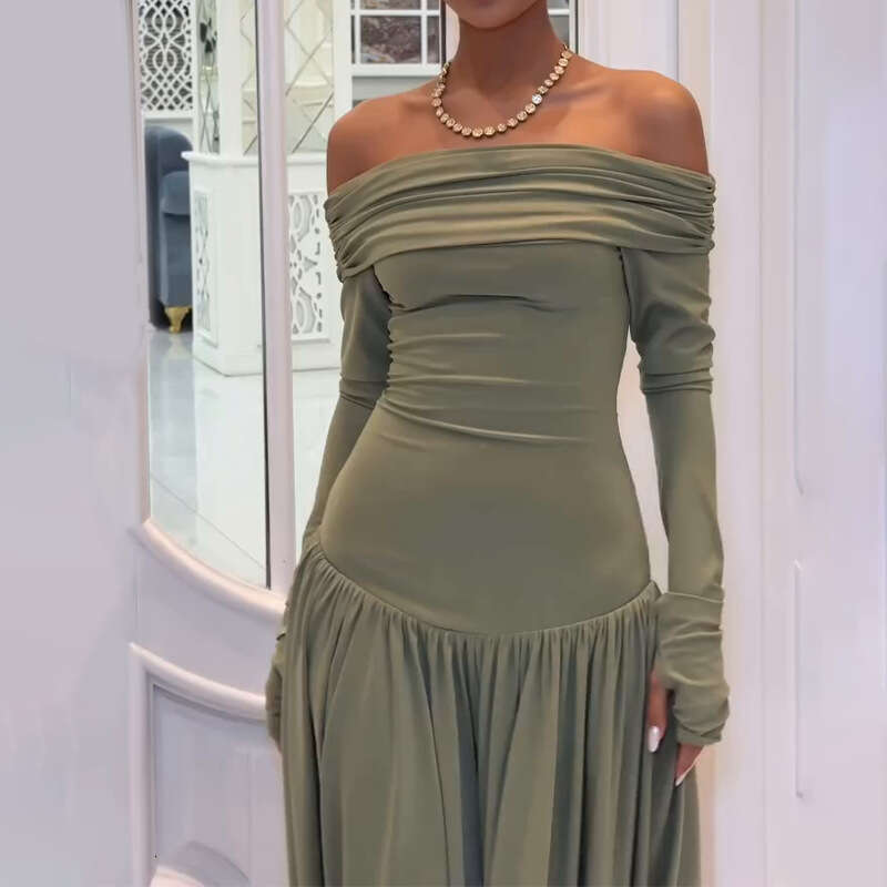 Spring Women's Fashion Casual Elegant French Off-Shoulder Sexy Slim Long Dress B5