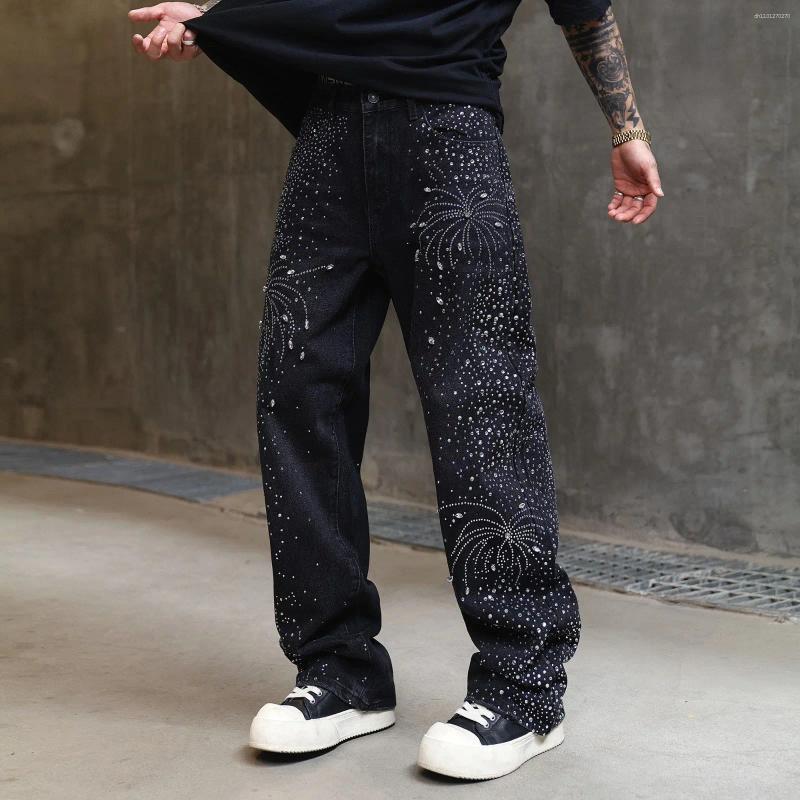 Men's Jeans Men Crystal Denim Loose Rhinestone Black Pants Punk Luxurious Design Hip Hop Streetwear Straight Trousers
