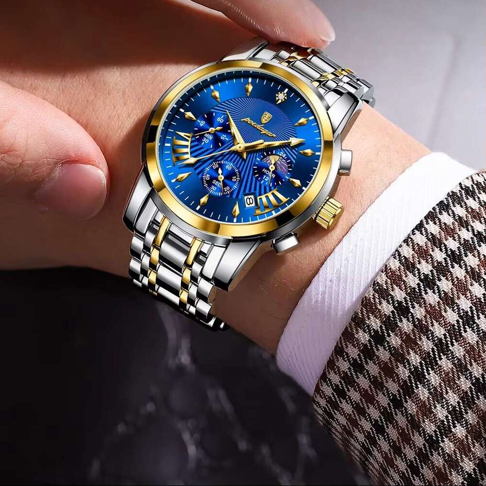 DHwatches Men's Multifunction Quartz Watch - 50M Waterproof Chronograph with Moon Phase & Date, Stainless Steel (Model 813)