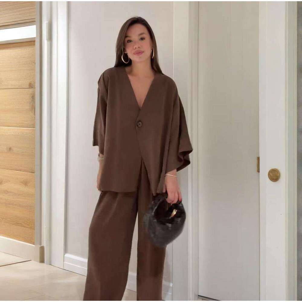 Spring New Women's Belt Solid Color Wide-Leg Pants Elegant Commuter Fashion Set B5