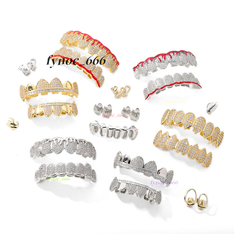 Halloween Hip Hop Braces Copper Real Gold Plated Personality Funny Punk Morganite Full Inlaid Big Gold Teeth Jewelry