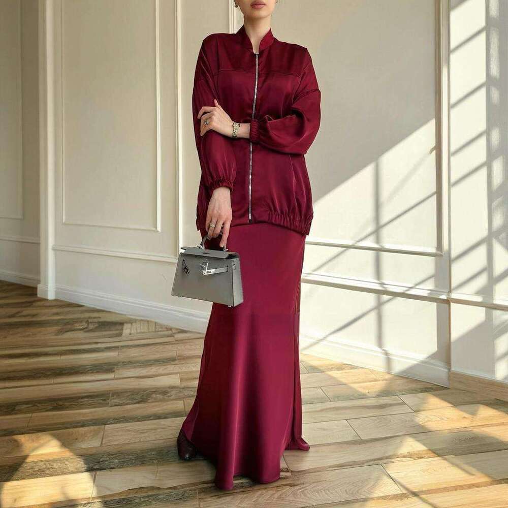 Spring New Women's Zipper Solid Color Midi Skirt Elegant Fashion Commuter Set B5