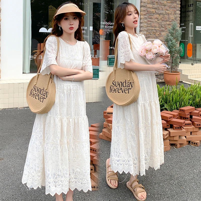 Pregnant Woman Lace Dress Summer Short Sleeve O-Neck Hollow Out Maternity Cotton Dress Sweet Long Loose Princess Clothes 250715