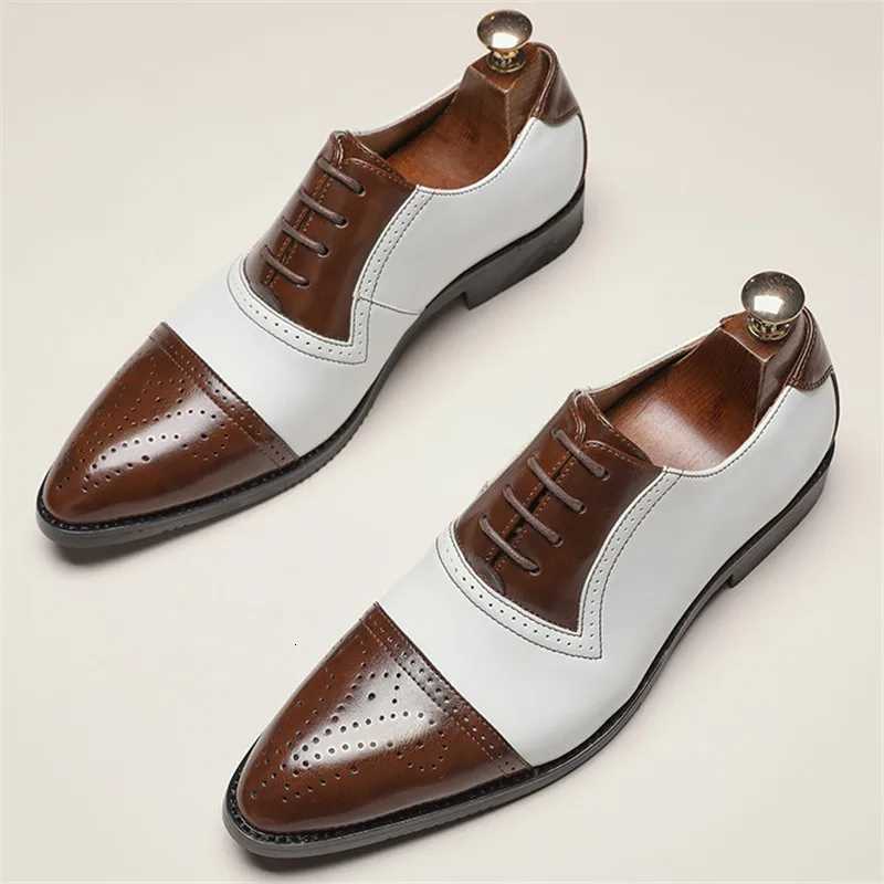 New Mens Pointed White Black Brown Mixed Brogues Leather Shoes Italian Gentleman Wedding Dress Formal Party Business Footwear Y250715