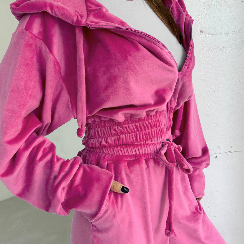 new Free shipping designer for women Solid color hooded casual zipper sports suit suede jacket long pants two piece set