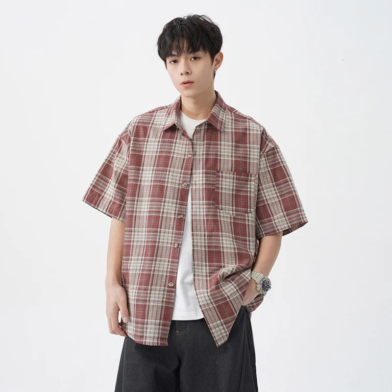 TFETTERS Vintage Plaid Shirts Mans Spring Summer Baggy Short Sleeve Shirts for Men Korean Fashion Clothes Teenagers 250715