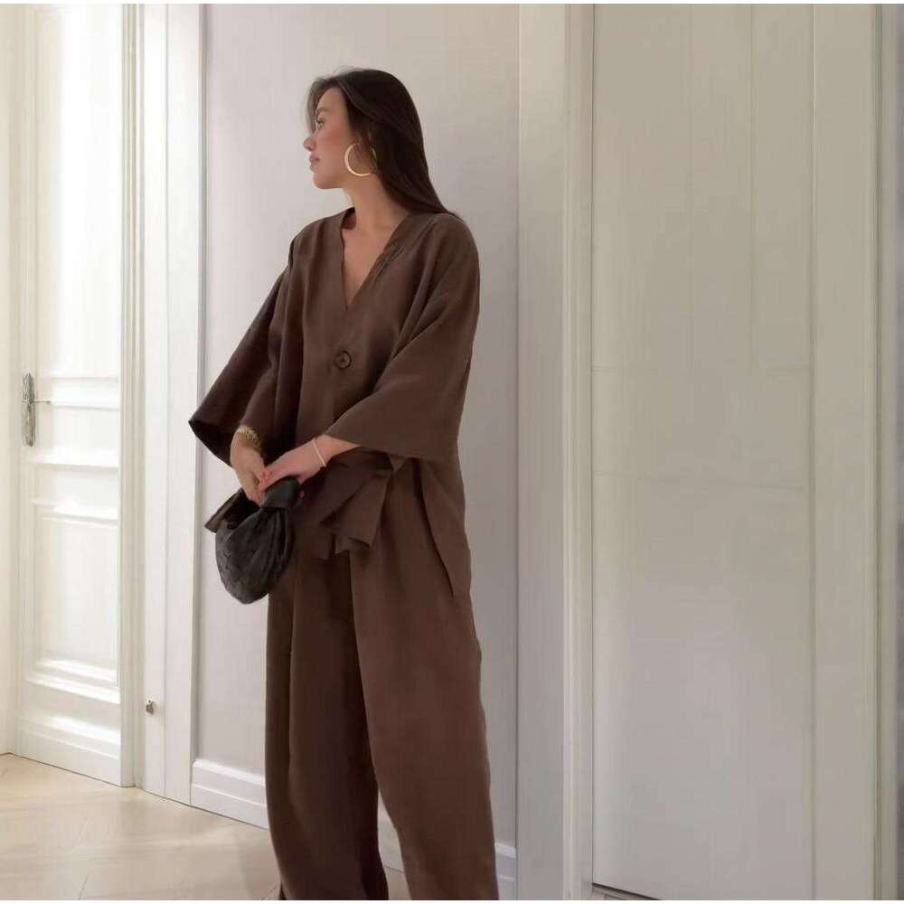 Spring New Women's Belt Solid Color Wide-Leg Pants Elegant Commuter Fashion Set B5