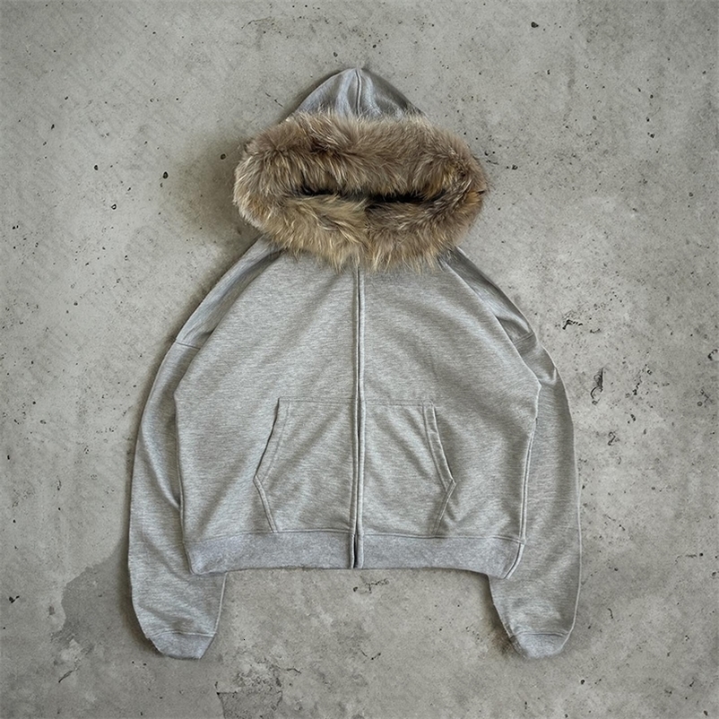 Y2K Zip up Hoodie Solid color Plush Coat Men Clothes Fur collar Hip Hop Streetwear Harajuku American Style Hooded Sweatshirt Top 250714