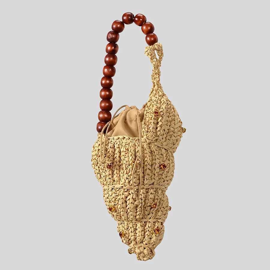 Creative Diamonds Conch Design Bag Handmade Woven Women Handbags Wooden Beading Strap Shoulder Bags Funny Summer Beach Bag