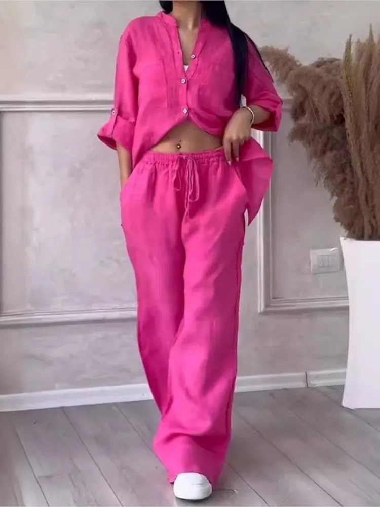 Cotton Linen Shirt Pants 2 Piece Set For Women Spring Autumn Long Sleeve Blouse Wide Leg Solid Suits Female Casual Outfits 250714