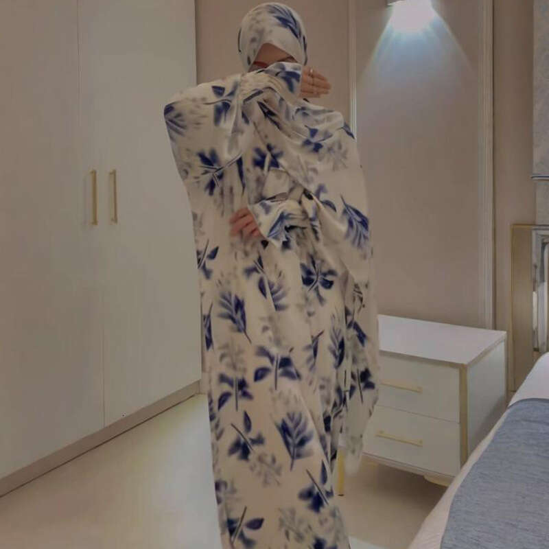 Summer Women's Long Sleeve Printed Robe Waist-Cinching Elegant Fashion Dress B5