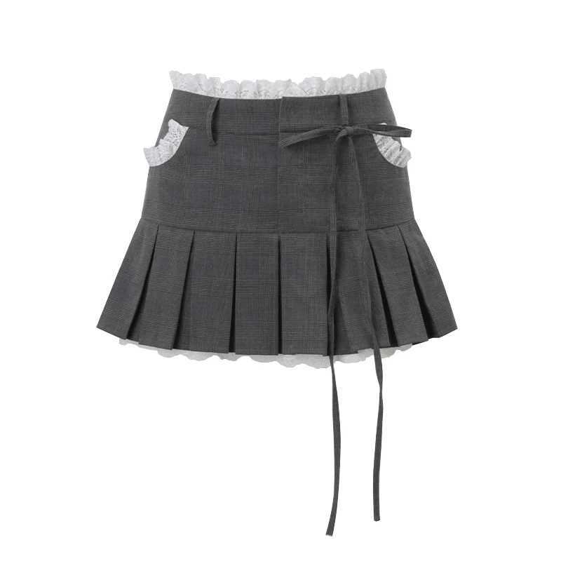 2024 Fall Y2K Low Waist Pleated Mini Skirt with Lace Trim Sweet Bow A-line Skirt for Kawaii Girls Casual Women Clothing R250728
