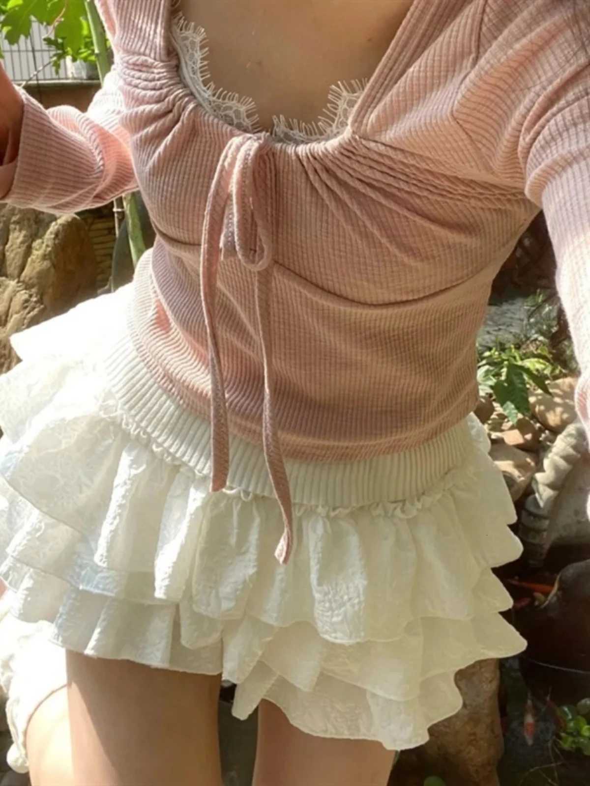 Kawaii Ball Gown Short Skirt Pleated Ruffles Layered High Waist Solid Mini Cake Skirts Lolita Girl Sweet Cute Elastic Waist Y2K R250715