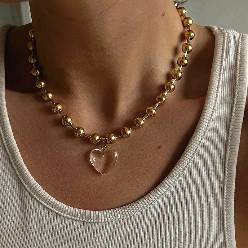 Transparent heart pendant necklace stainless steel ball chain statement necklace cute minimalist jewelry non tarnish in 250711