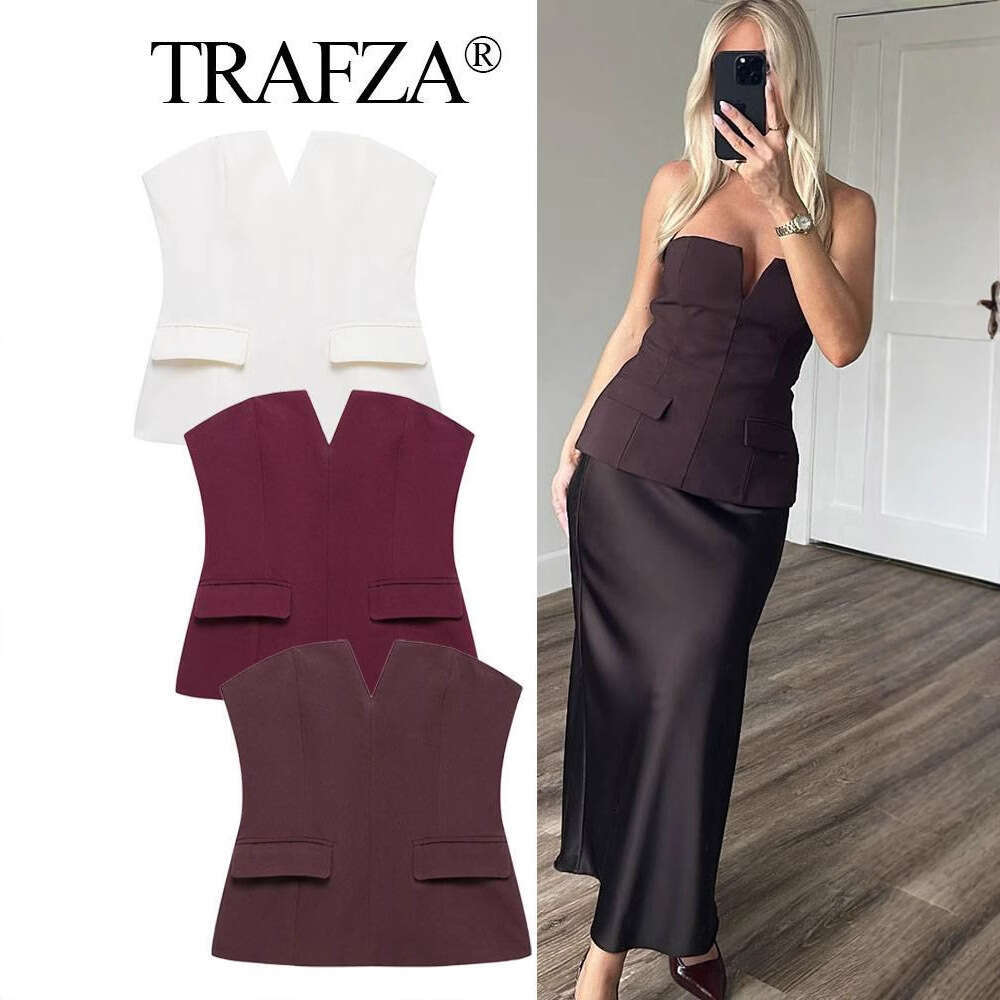 TRAFZA New SHEIN Pullover V-Neck Sleeveless Women's Spring Sexy Short Vest Tube Top B5