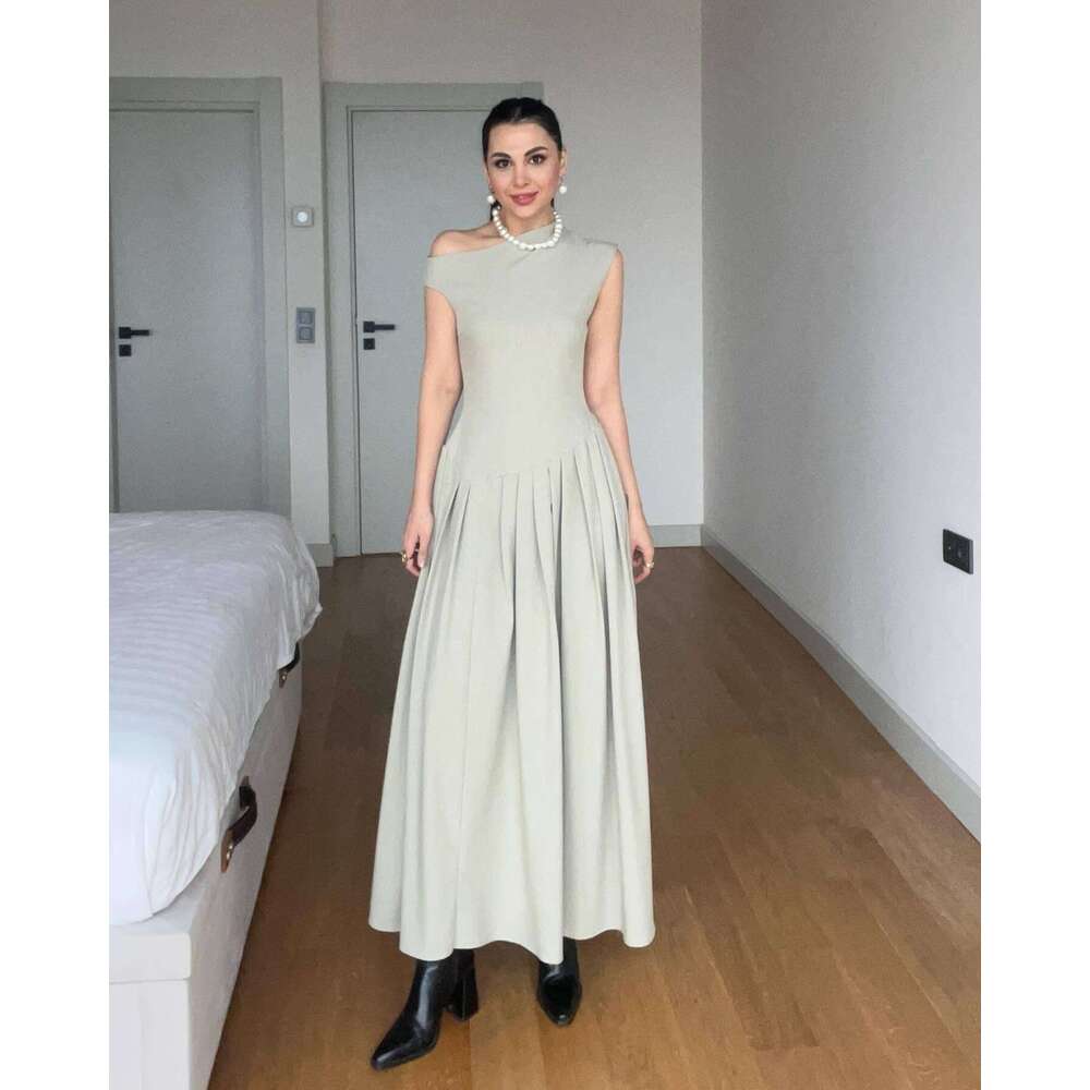 Summer New Style Asymmetrical Shoulder Patchwork Solid Color Sexy Women's Slim Fit Dress B5