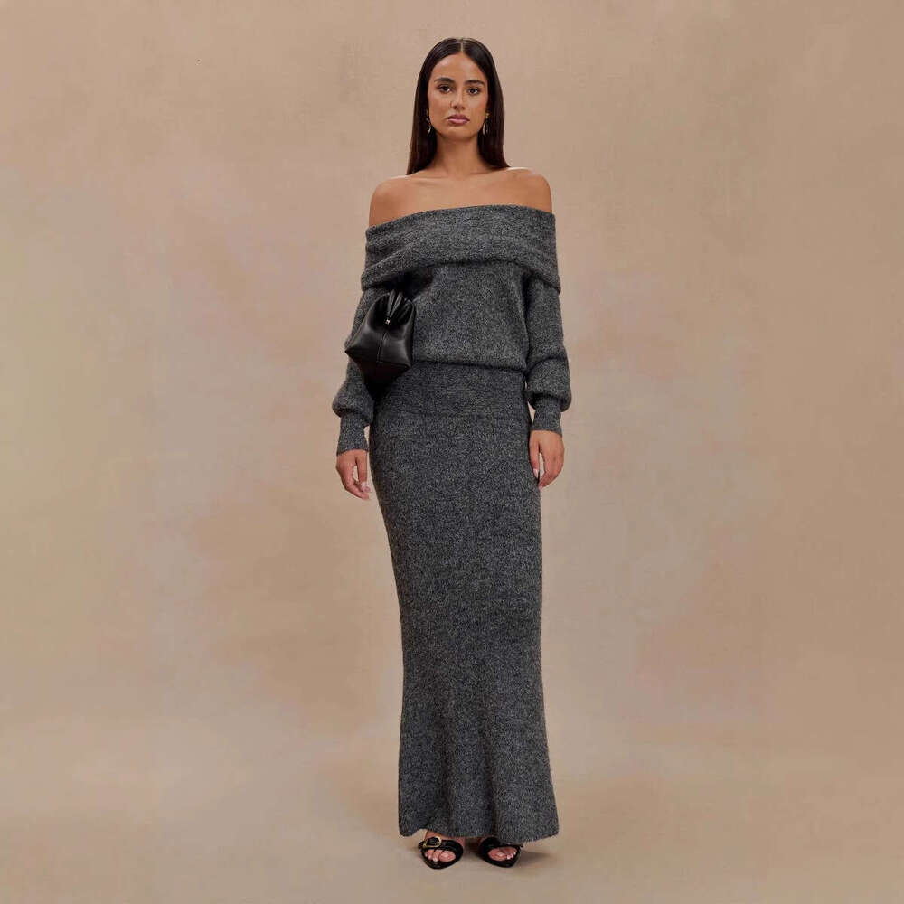 Women's Fashion Autumn New Strapless Sexy Off-Shoulder Midi Dress Elegant Set For Women B5