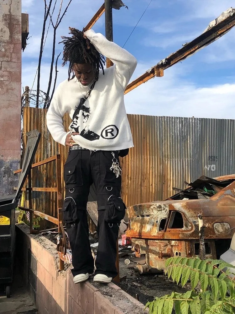 Mens sweaters Fashion Y2K Knitted Warm Loose Casual Portrait Print Long Sleeve Pullover Hip Hop Knitted Graphic Sweater 250714