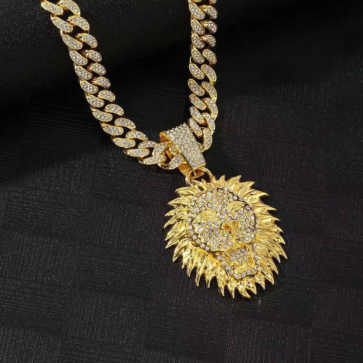Luxury Jewelry Designer Jewelry Golden 3D Lion Head Full Diamond Necklace Hip Hop Jewelry European And American Trend One Piece Dropshipping