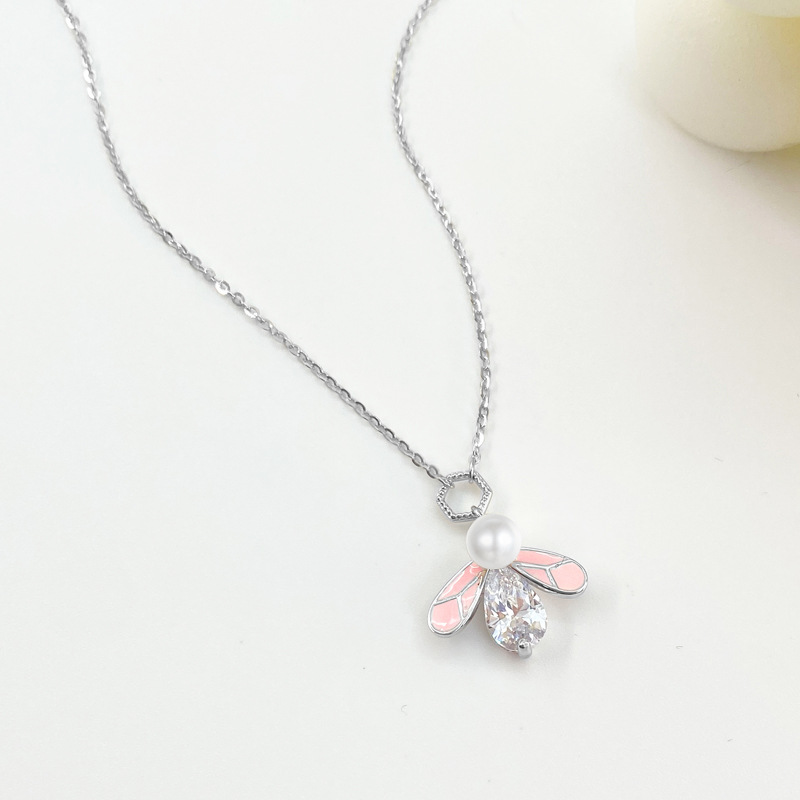 Sterling Silver Bee Pendant Necklace, Pearl & Cubic Zirconia Accent, Dainty Insect - Inspired Jewelry