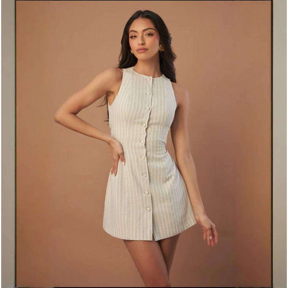 Summer Women's Solid Color Button Tie Waist Fashion Short Dress B5