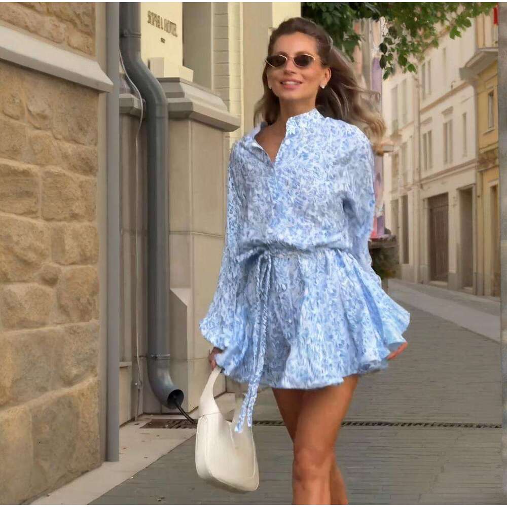 Summer New Women's Floral Single-Breasted Tie Slim Short Dress B5