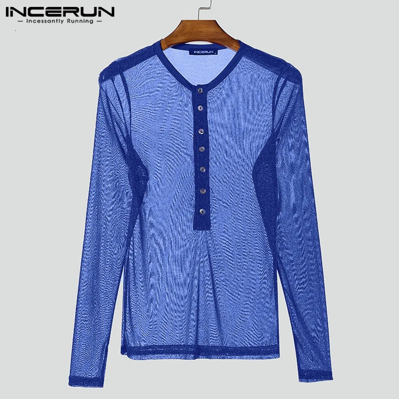 Fashion Well Fitting Tops INCERUN Men Sparkling Fabric T-shirts Male Personality Clubwear Selling Thin Long Sleeved Camiseta 250714