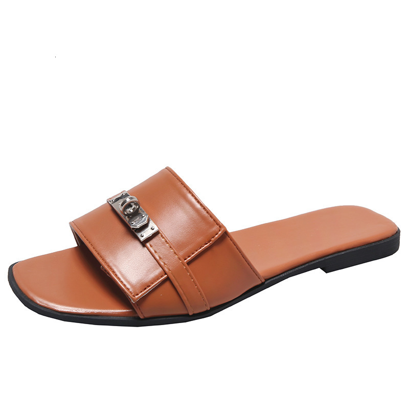 Outdoor Beach 2025 Summer Korean Style Small Silver Buckle One-strap Summer Sandals Famous Designer French Flat Sandals Designer Half Slippers For Out