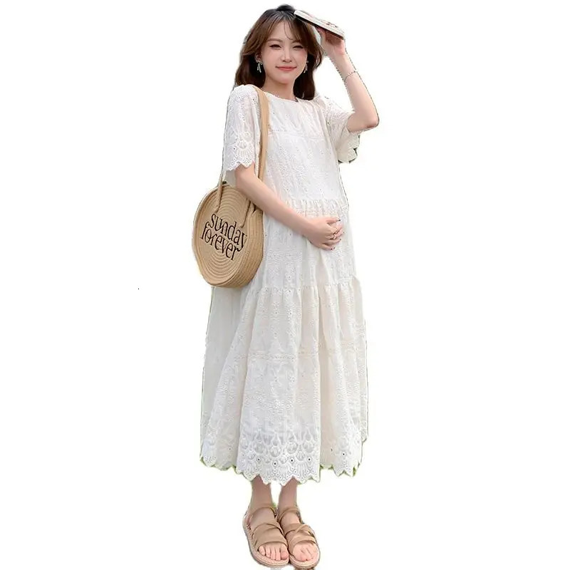 Pregnant Woman Lace Dress Summer Short Sleeve O-Neck Hollow Out Maternity Cotton Dress Sweet Long Loose Princess Clothes 250715