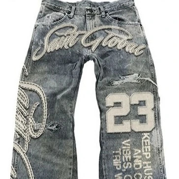 Streetwear Vintage Blue Jeans Y2K Clothes Men Hip Hop Letter Patch Embroidery Vintage Blue Baggy Jeans Mid Rise Wide Leg Trouser 250805
