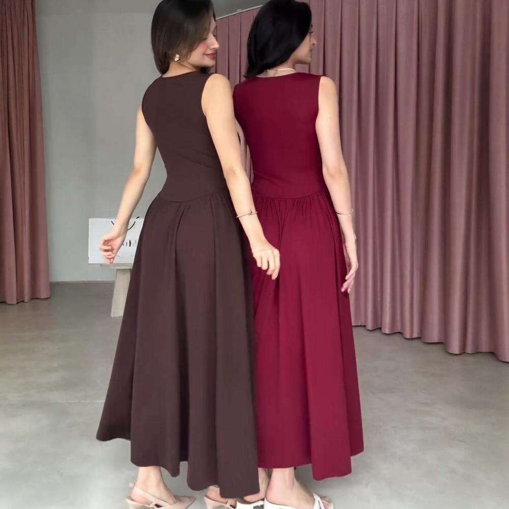 Summer New Women's Fashion Square Neck Sexy Sleeveless Ruched Elegant Slim Dress B5
