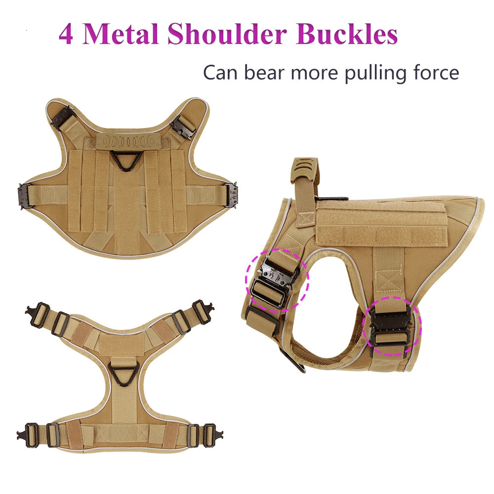 Reflective Dog Harness with 4 Metal Buckles Military Tactical Pet Training Vest Harnesses Leash Collar Large Dogs Accessories 250716