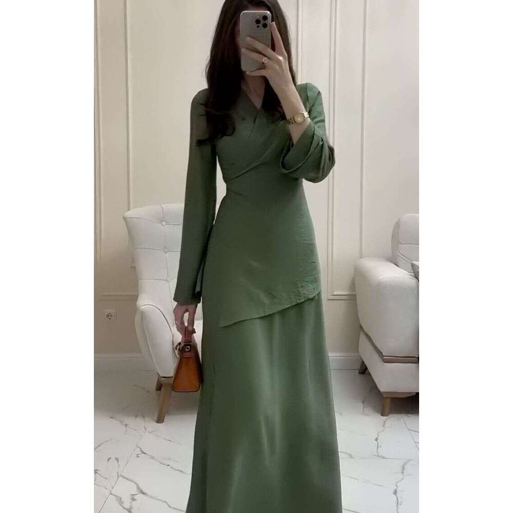 Spring New Women's Solid Color V-Neck Long Sleeve Skirt Fashion Set B5