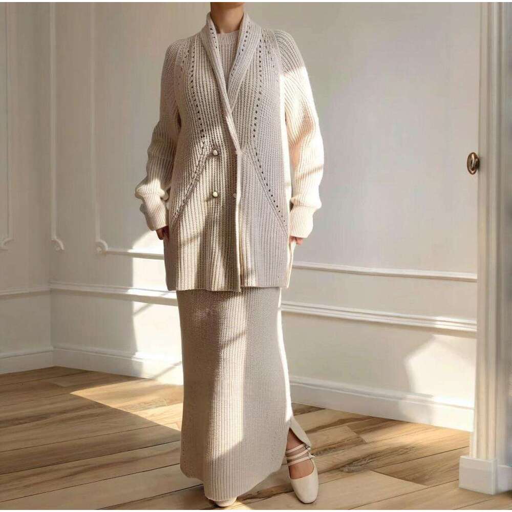 New Russian Women's Fashion Solid Color Elegant Slim Long Dress Two-Piece Set B5