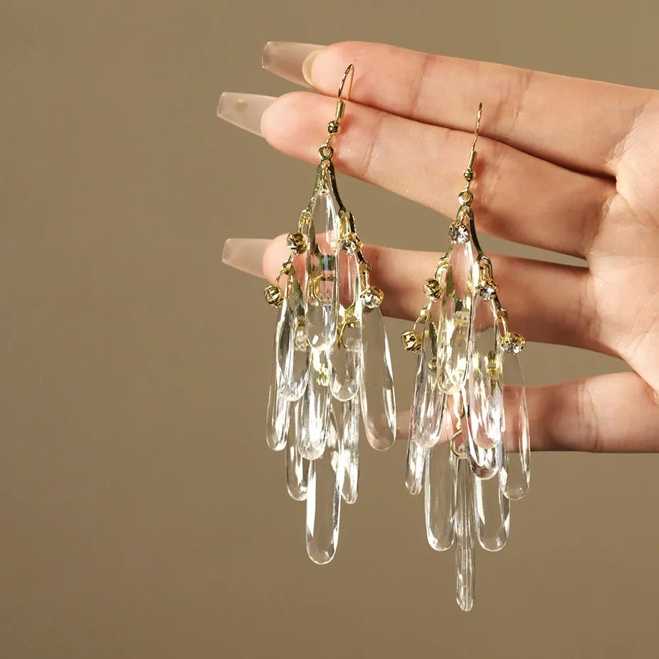 Dreamy White Crystal Long Tassel Earrings for Women - Light Luxury, Elegant & High - End, Face - Slimming Fashion Earrings