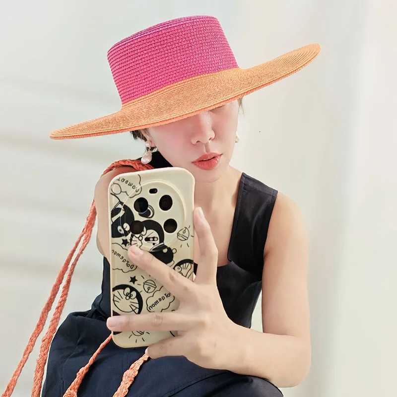 Wide Brim Hot Pink Orange Patchwork Str Hats Flat Top Boater Hat Ladies Church Wedding Party Hat Dey Vocation Beach Hat W250715 - view 4