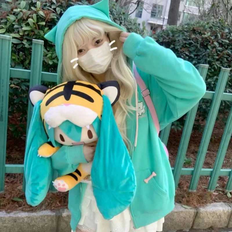 Lake Grn Embroidery Cat Zipper Coats Women Loose Sweatshirts Japanese Long Slve Cute Swt Ear Hooded Sudaderas Y2k Harajuku X2507151