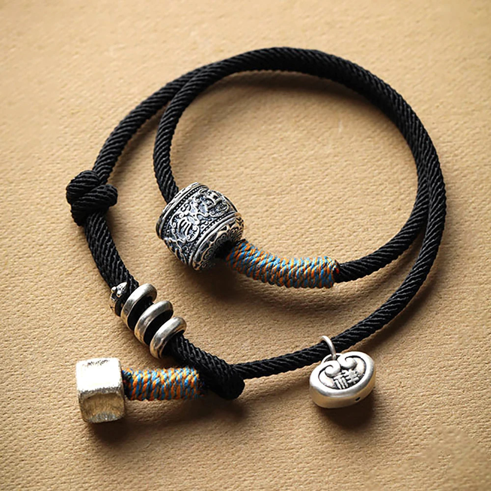 Retro Six-Word Mantra Bracelet Handmade Woven Black Hand Rope Men Women Tibetan Bracelets Peace Lucky Jewelry Gifts Drop 250712