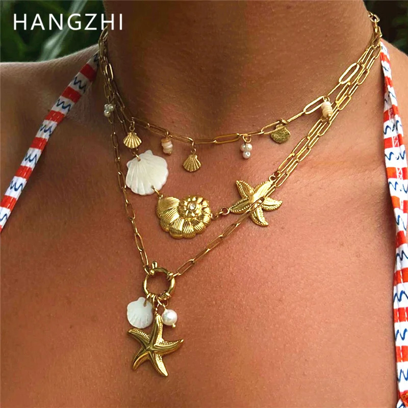 HangZhi Fashionable Beach Starfish Conch Pearl Shell Necklace Stainless Steel Pendant Charms Summer Jewelry for Women 250711