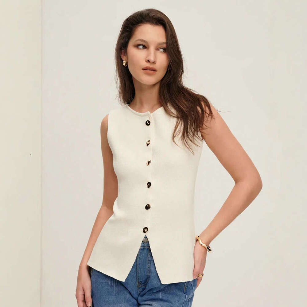 TRAFZA Style Spring Sleeveless Slim Fit Plain Knit Gold Button Vest Women's Knitted Top B5