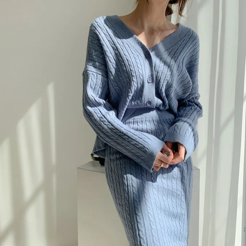 Women Full Sleeve Coats Korean Sweaters V Neck Cardigan Loose Two Piece Sets Solid Knitted Package Hip Skirt Set Autumn 250714