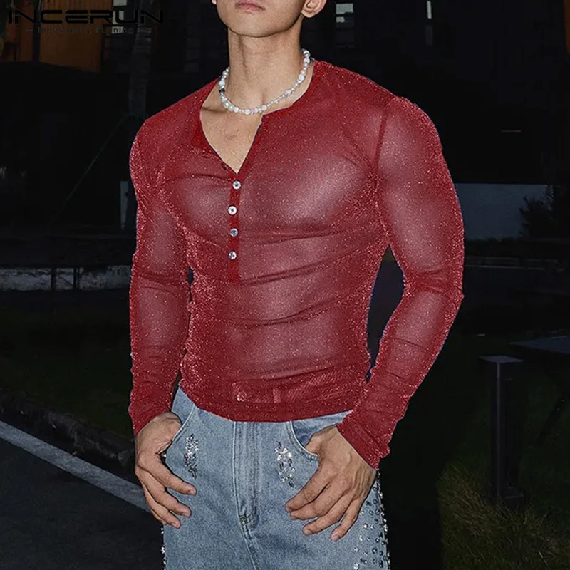 Fashion Well Fitting Tops INCERUN Men Sparkling Fabric T-shirts Male Personality Clubwear Selling Thin Long Sleeved Camiseta 250714
