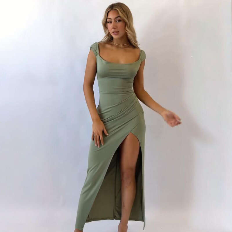 Women's Clothing Summer Square Neck Sexy Slit Solid Color Elegant Tie Dress For Women B5
