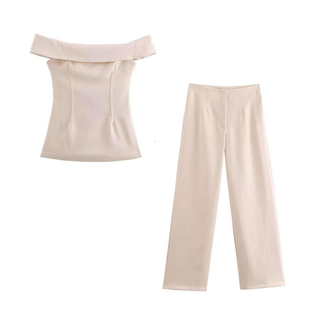 TRAFZA Women's INS Side Slit Off-Shoulder Top And Long Pants Set B5