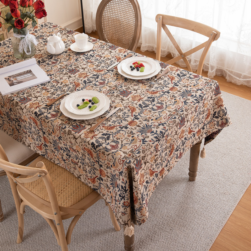 Premium tablecloth retro thickened polyester cotton color woven jacquard flower fringed rectangular coffee table tablecloth dining table cloth