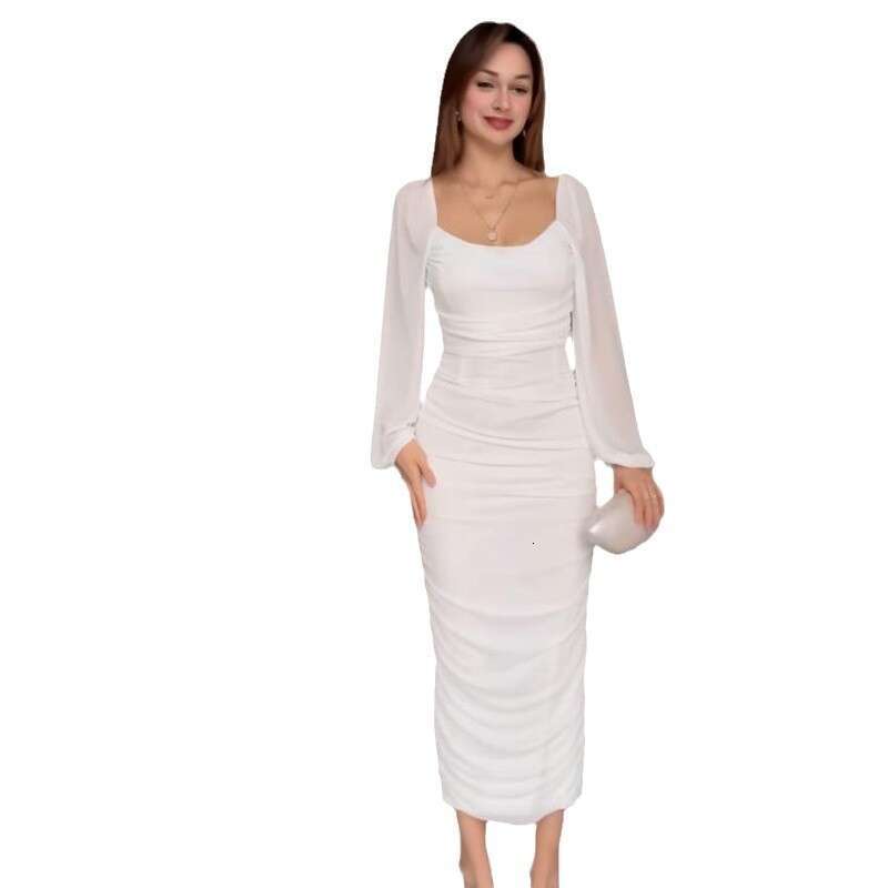Spring New Women's Pleated Solid Color Waist-Cinching Elegant Fashion Dress B5