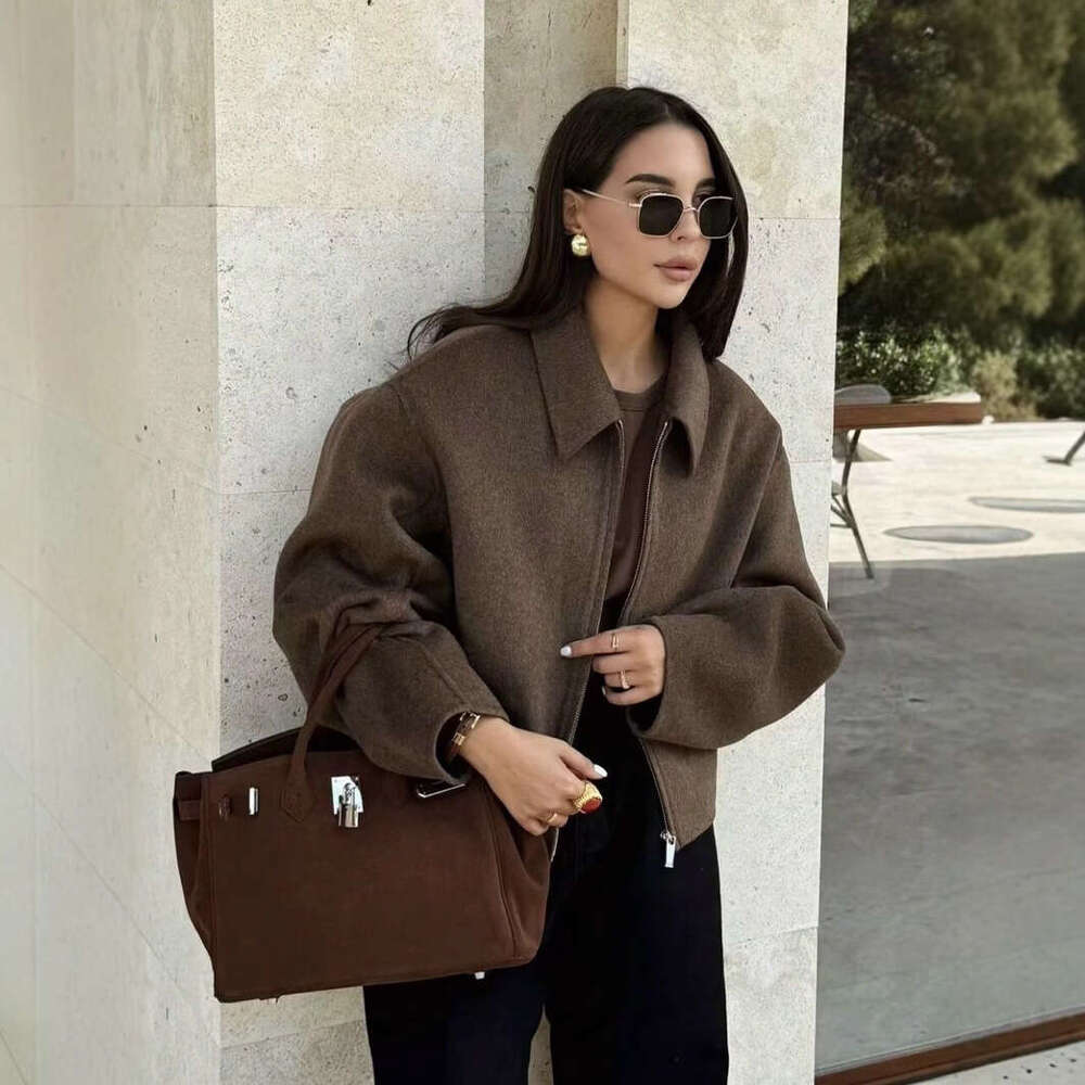 Autumn INS Fashion Three-Color Solid Wide Zipper Wool Coat For Women B5